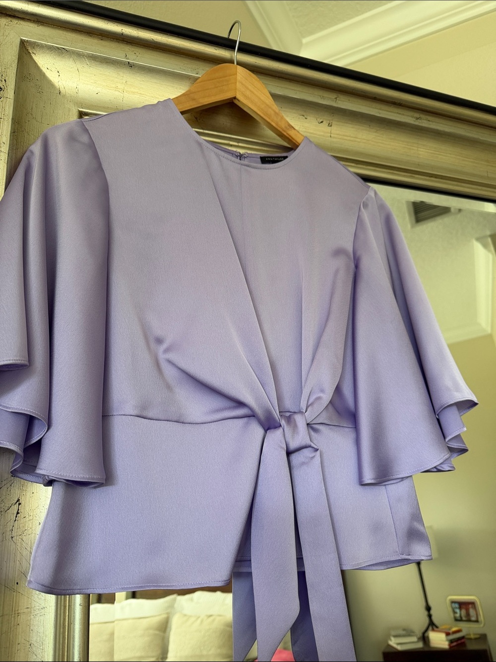 Ann Taylor Lilac Tie-Front Flutter Sleeve Blouse